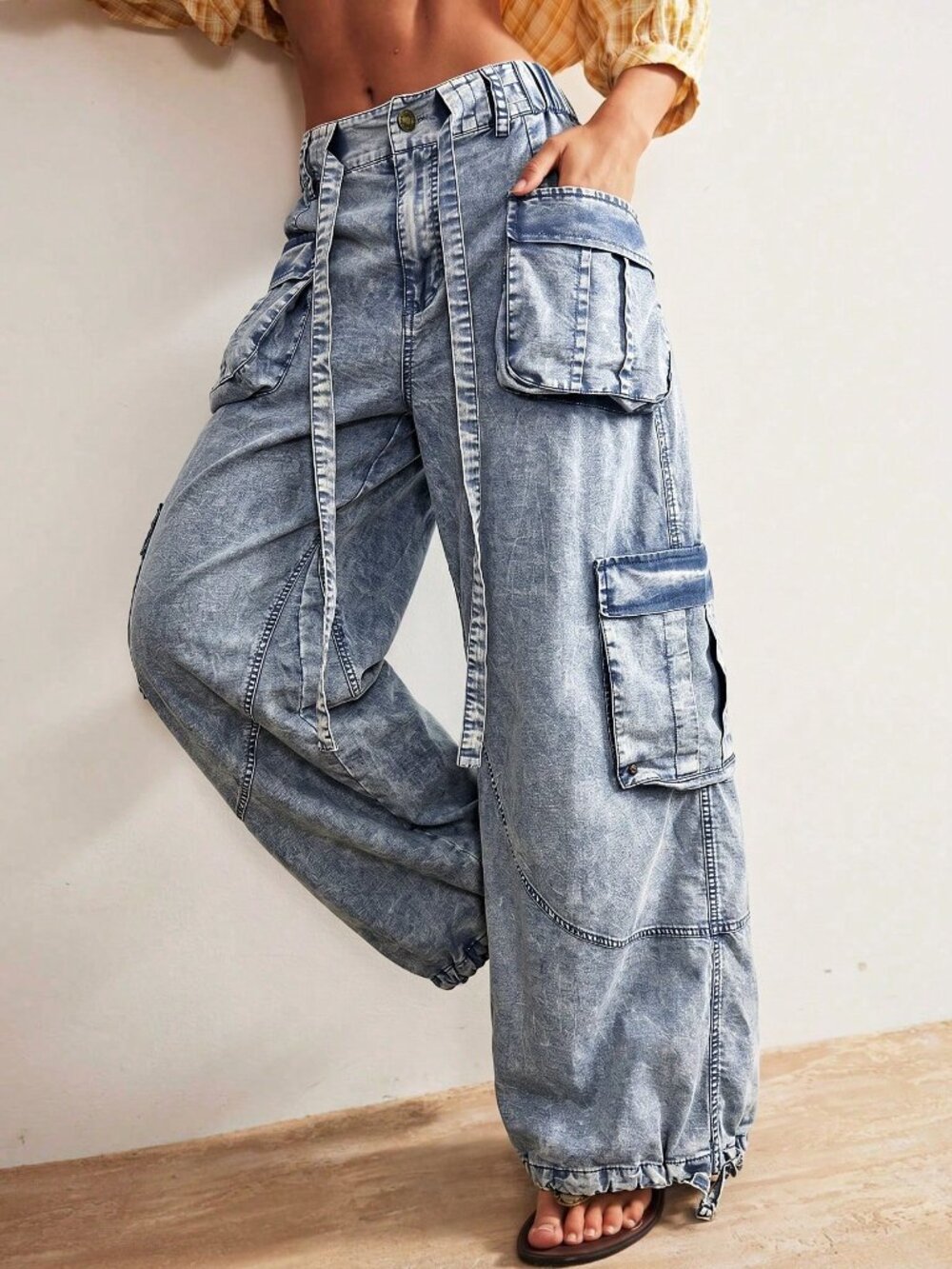 Blue Casual Women's Y2K Woven Relaxed Cuffed Low Waist Long Pants - Picture 5 of 10